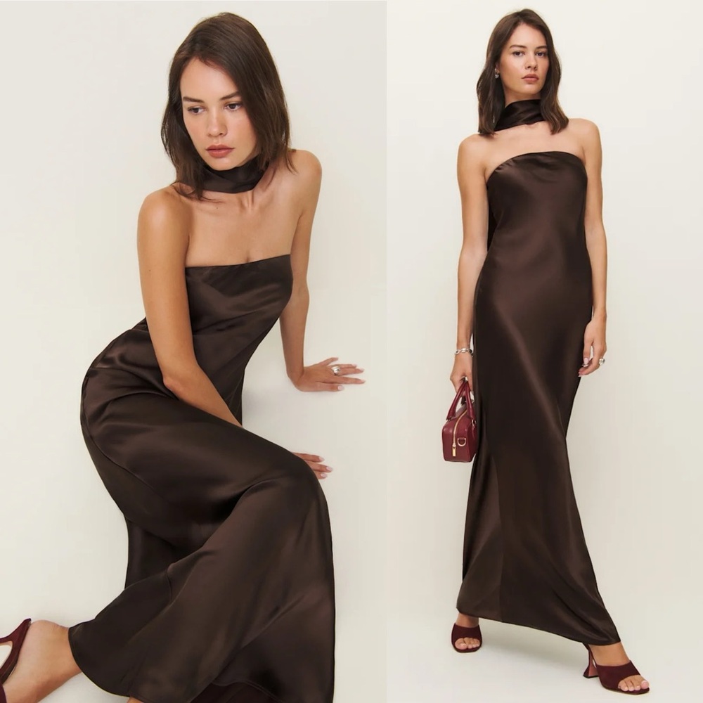 Reformation Oren Silk Strapless Maxi Dress Brown Detachable Scarf NEW with tags